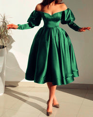 Tea Length Satin Dresses Off Shoulder Long Sleeves