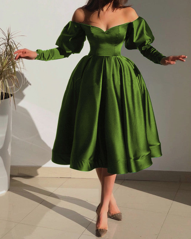 Tea Length Satin Dresses Off Shoulder Long Sleeves
