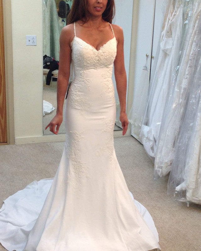 Mermaid V Neck Wedding Dress Appliques Spaghetti Straps