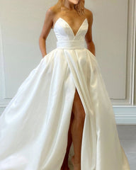 Sleeveless Satin Split Beach Wedding Dress With Pockets
