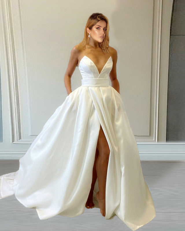 Sleeveless Satin Split Beach Wedding Dress With Pockets