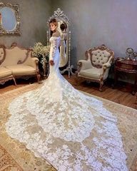 Royal Train Lace Mermaid Wedding Dresses Long Sleeves Off The Shoulder