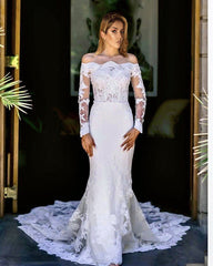 Royal Train Lace Mermaid Wedding Dresses Long Sleeves Off The Shoulder