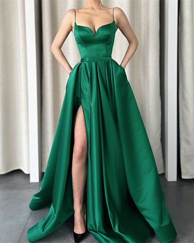 Simple Long Satin Slit Dresses With Pockets