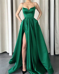 Simple Long Satin Slit Dresses With Pockets