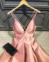 Pink V Neck Satin Floor Length A Line Sleeveless Prom Dress With Bow