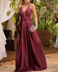 Pink V Neck Satin Floor Length A Line Sleeveless Prom Dress With Bow