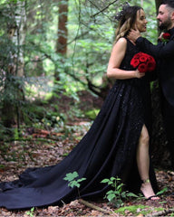 Elegant Beaded V Neck Split Evening Dresses Satin