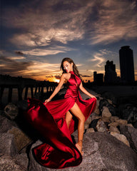 Long Satin Halter Prom Dresses Leg Split