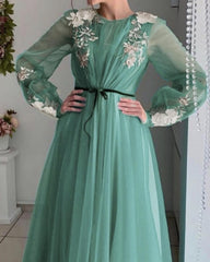 Long Sleeve Tulle Prom Dresses Lace Embroidery