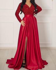 Long Sleeve Sequin V Neck Satin Dress Split