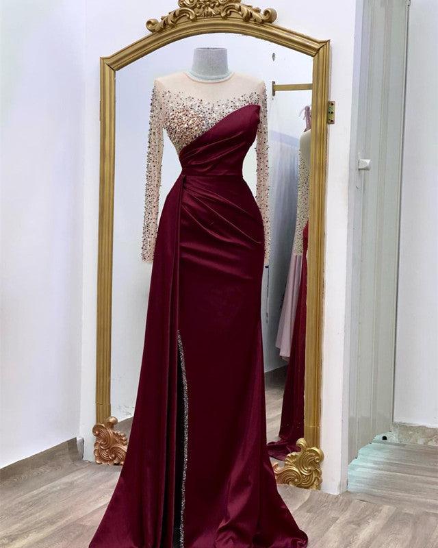 Long Sleeves Prom Dresses Mermaid Satin Split - RongMoon