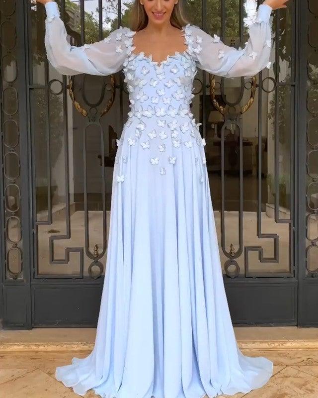 Long Sleeves Chiffon Evening Dress With Butterfly - RongMoon