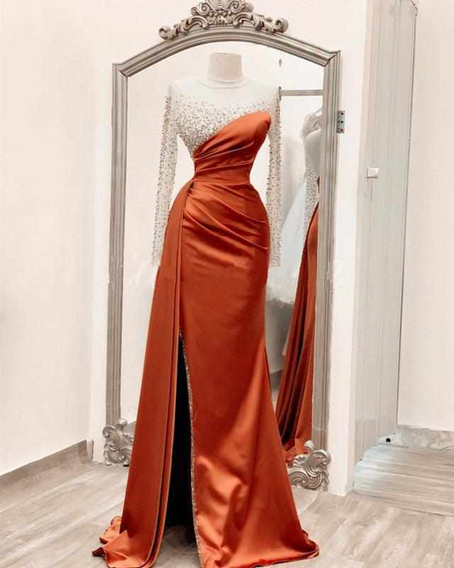 Long Sleeves Prom Dresses Mermaid Satin Split - RongMoon