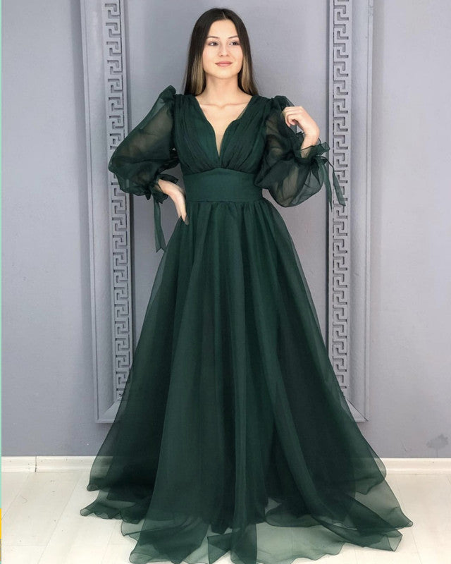 Tulle V Neck Long Sleeves Dresses