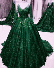Long Sleeves Sequin Ball Gown Dresses V Neck