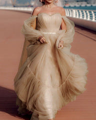 Champagne Tulle Boho Wedding Dresses Sleeved