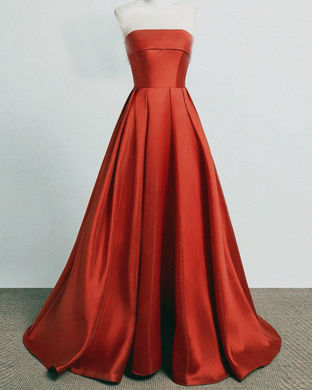 Long Strapless Burnt Orange Satin Dresses