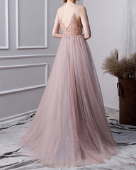 Tulle Prom Dresses Beaded V Neck Leg Slit