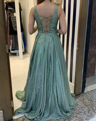 Long V Neck Open Back Glitter Dresses
