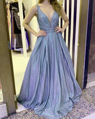 Long V Neck Open Back Glitter Dresses