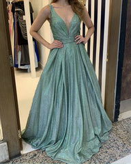 Long V Neck Open Back Glitter Dresses