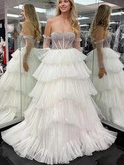Sweetheart Ruffles Beaded Long Sleeves White Prom Dress