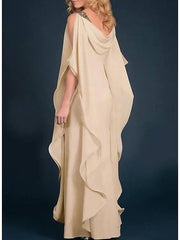 Sheath / Column Mother of the Bride Dress Elegant Jewel Neck Floor Length Chiffon Satin Half Sleeve with Beading Cascading Ruffles - RongMoon