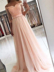 A-Line/Princess 3/4 Sleeves Off-the-Shoulder Tulle Sash/Ribbon/Belt Sweep/Brush Train Dresses - RongMoon