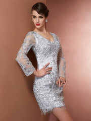 Sheath/Column V-neck Long Sleeves Beading Short Elastic Woven Satin Mother of the Bride Dresses - RongMoon