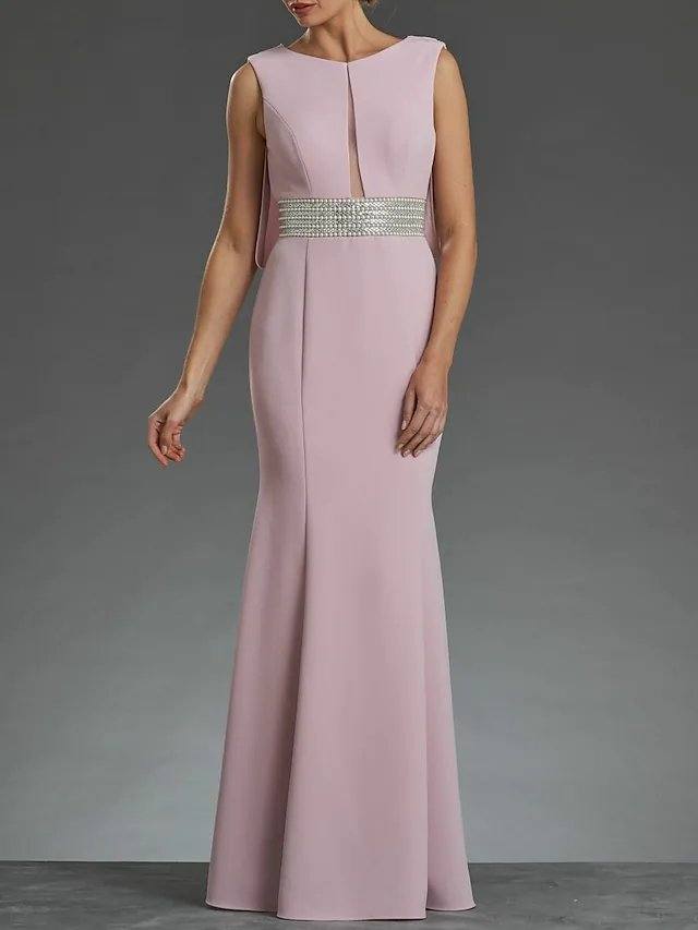 Sheath / Column Mother of the Bride Dress Elegant Jewel Neck Floor Length Stretch Fabric Sleeveless with Sash / Ribbon Sequin - RongMoon