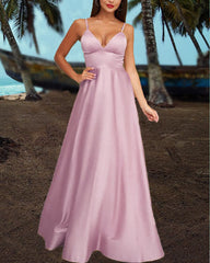 Sexy Long Satin V Neck Empire Dresses Spaghetti Straps