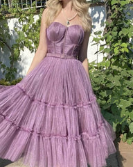 Mauve Purple Tulle Tea Length Corset Dress