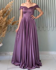 Mauve Off The Shoulder Satin Prom Dresses