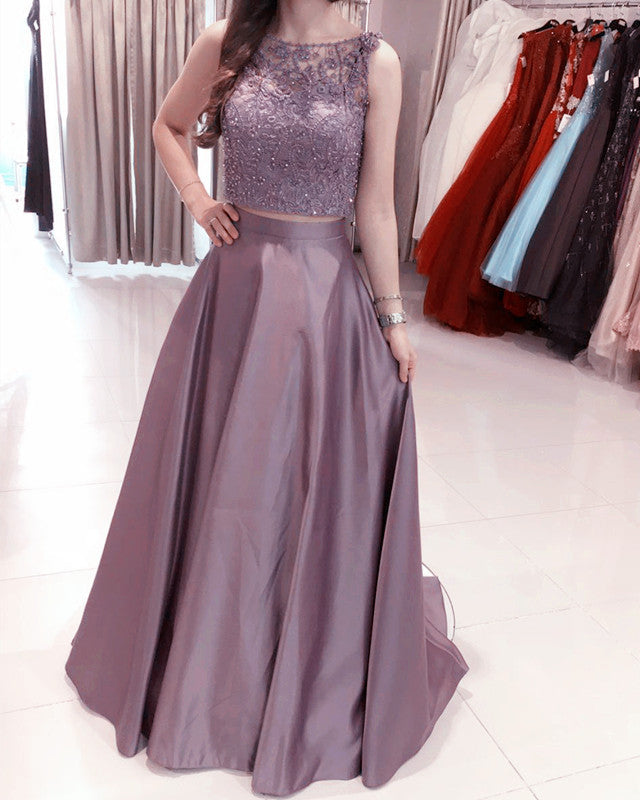 Two Piece Satin Dresses Lace Crop