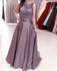 Two Piece Satin Dresses Lace Crop