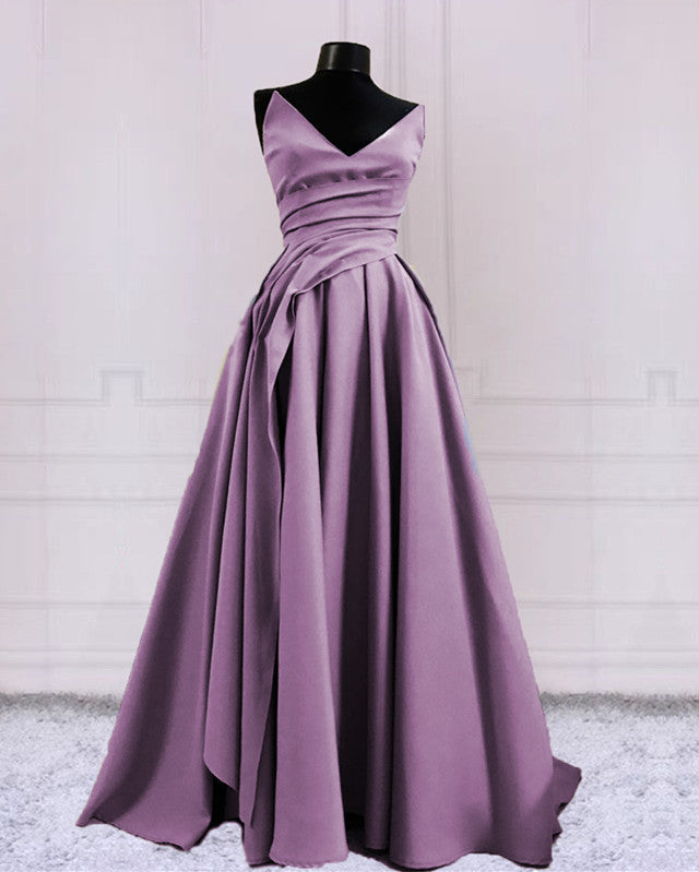 Sexy Ruched V Neck Split Satin Long Dresses