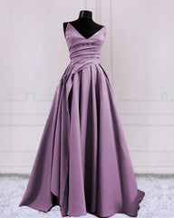 Sexy Ruched V Neck Split Satin Long Dresses