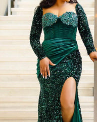 Mermaid Sweetheart Long Sleeve Green Sequin Dress