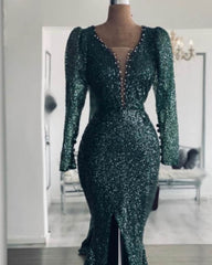 Mermaid Green Long Sleeve Sequin Prom Dress