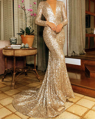 Mermaid Long Sleeve Rose Gold Sequin Dress