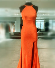 Mermaid Orange Prom Dresses Halter Neck Split