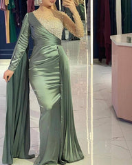 Mermaid Long Sleeve Sage Satin Formal Dress