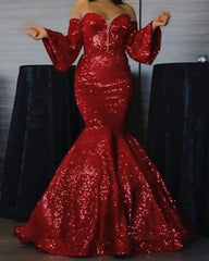 Mermaid Sequin Puffy Sleeves Prom Dresses