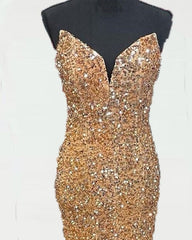 Mermaid Strapless Gold Sequin Prom Dresses