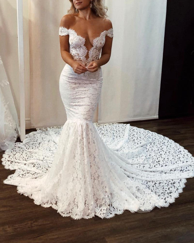Boho Lace Wedding Dress Sweep Train Mermaid Off The Shoulder
