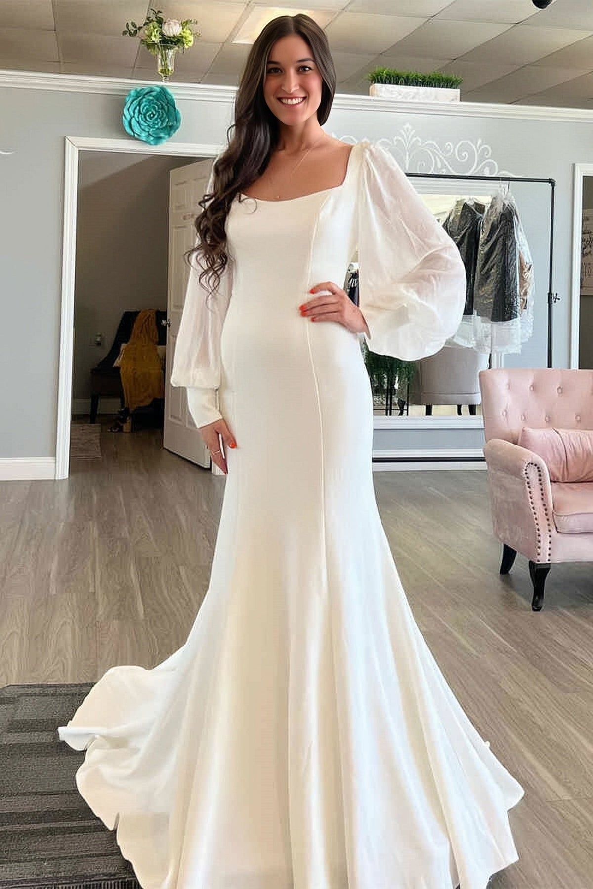 Puffy Long Sleeves Mermaid Ivory Satin Wedding Dress