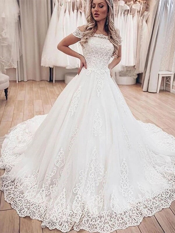 Off The Shoulder Chapel Train Appliques Tulle A Line Wedding Dress