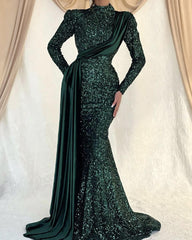 Modest Green Sequin Long Sleeve Mermaid Dress