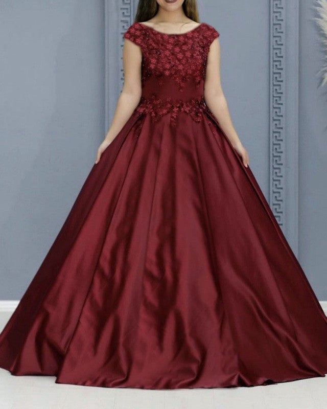 Modest Prom Dresses Satin Ball Gown With 3D Flowers